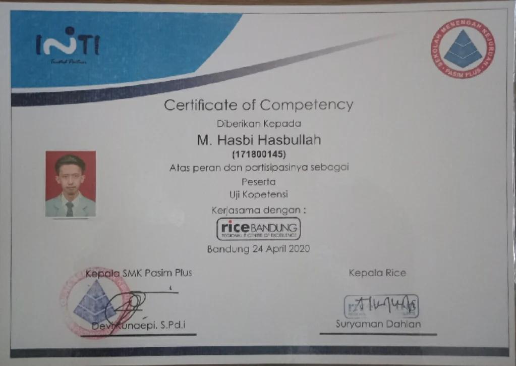 Sertifikat Ujian Kompetensi dari SMK Pasim Plus Kota Sukabumi diterbitkan pada April 21, 2020